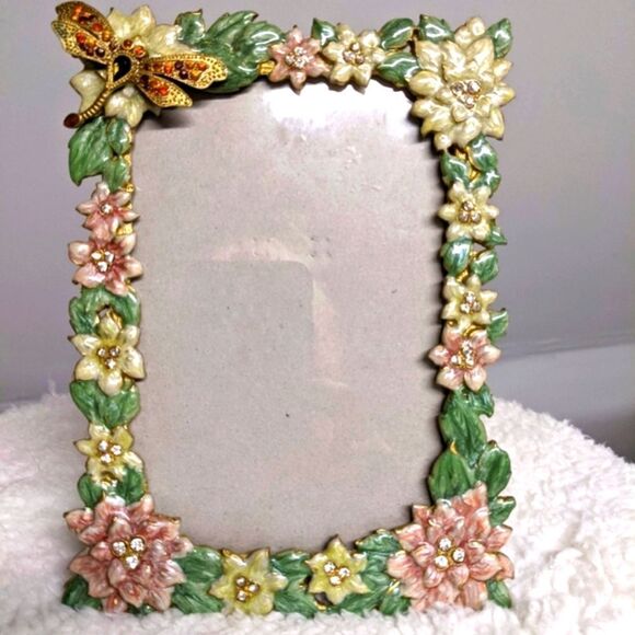 Enameled Floral Photo Frame w/ Dragonfly & Rhinestone Accents - Picture 1 of 9